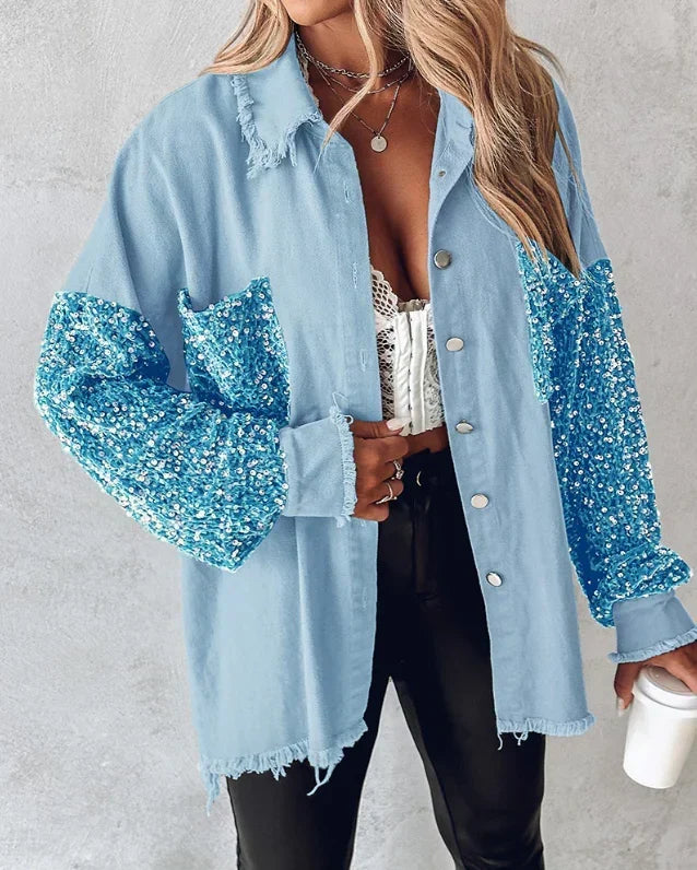 Women’s Sequin-Detail Overshirt Jacket with Frayed Edges — view 2