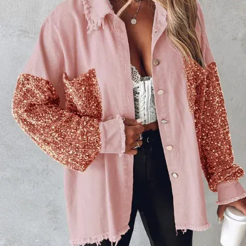 Women’s Sequin-Detail Overshirt Jacket with Frayed Edges — view 3