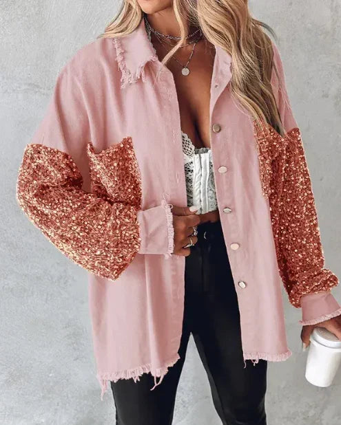 Women’s Sequin-Detail Overshirt Jacket with Frayed Edges — view 3