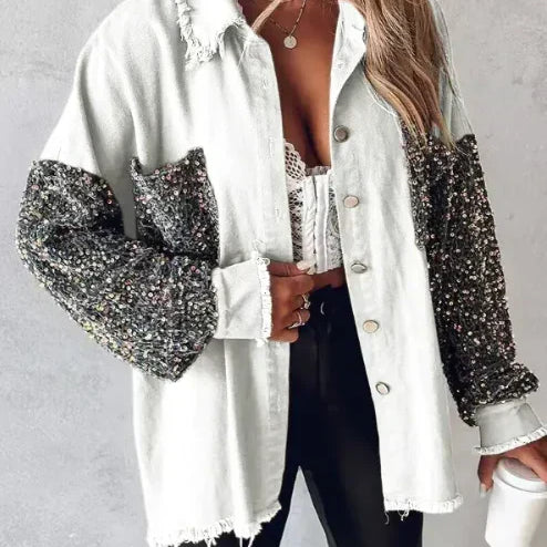 Women’s Sequin-Detail Overshirt Jacket with Frayed Edges — view 4