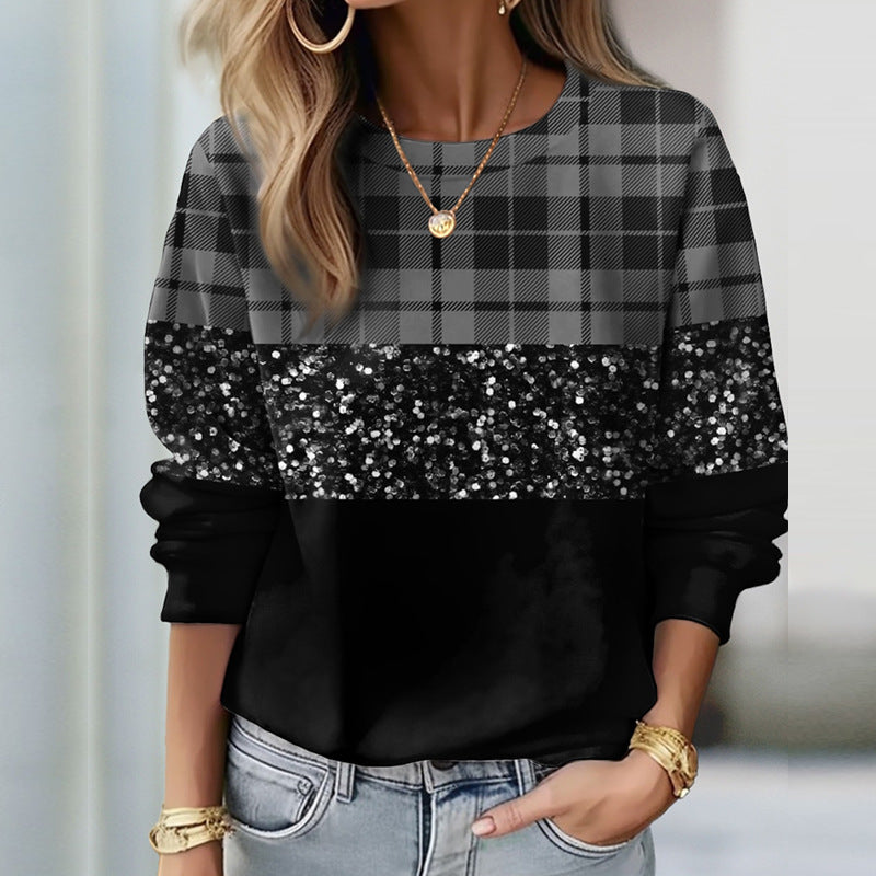 Women’s Plaid and Sequin Panel Crew-Neck Sweatshirt — view 1