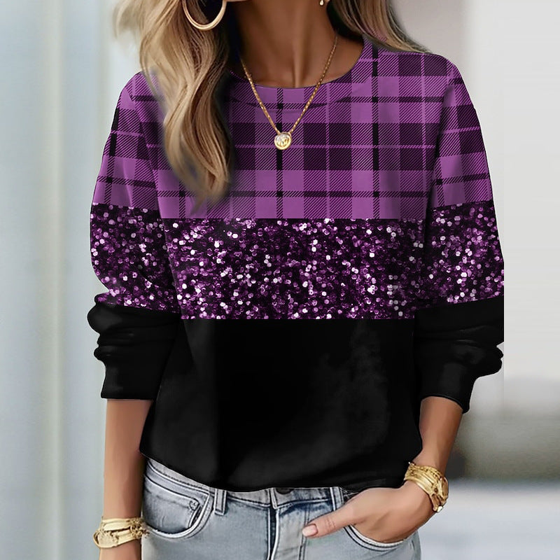 Women’s Plaid and Sequin Panel Crew-Neck Sweatshirt — view 2