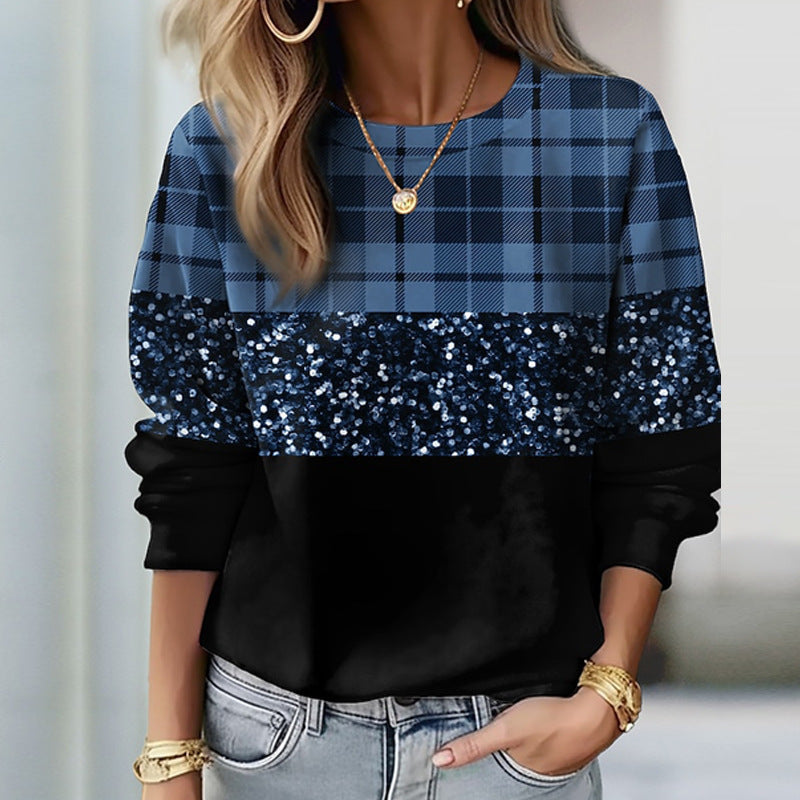 Women’s Plaid and Sequin Panel Crew-Neck Sweatshirt — view 3