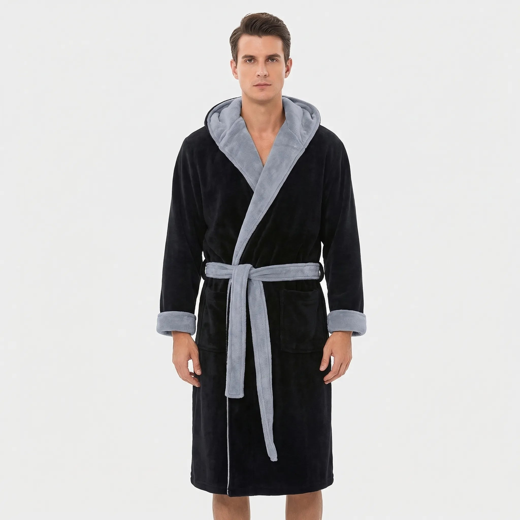Men’s Hooded Kimono Dressing Gown with Contrast Trim — view 2