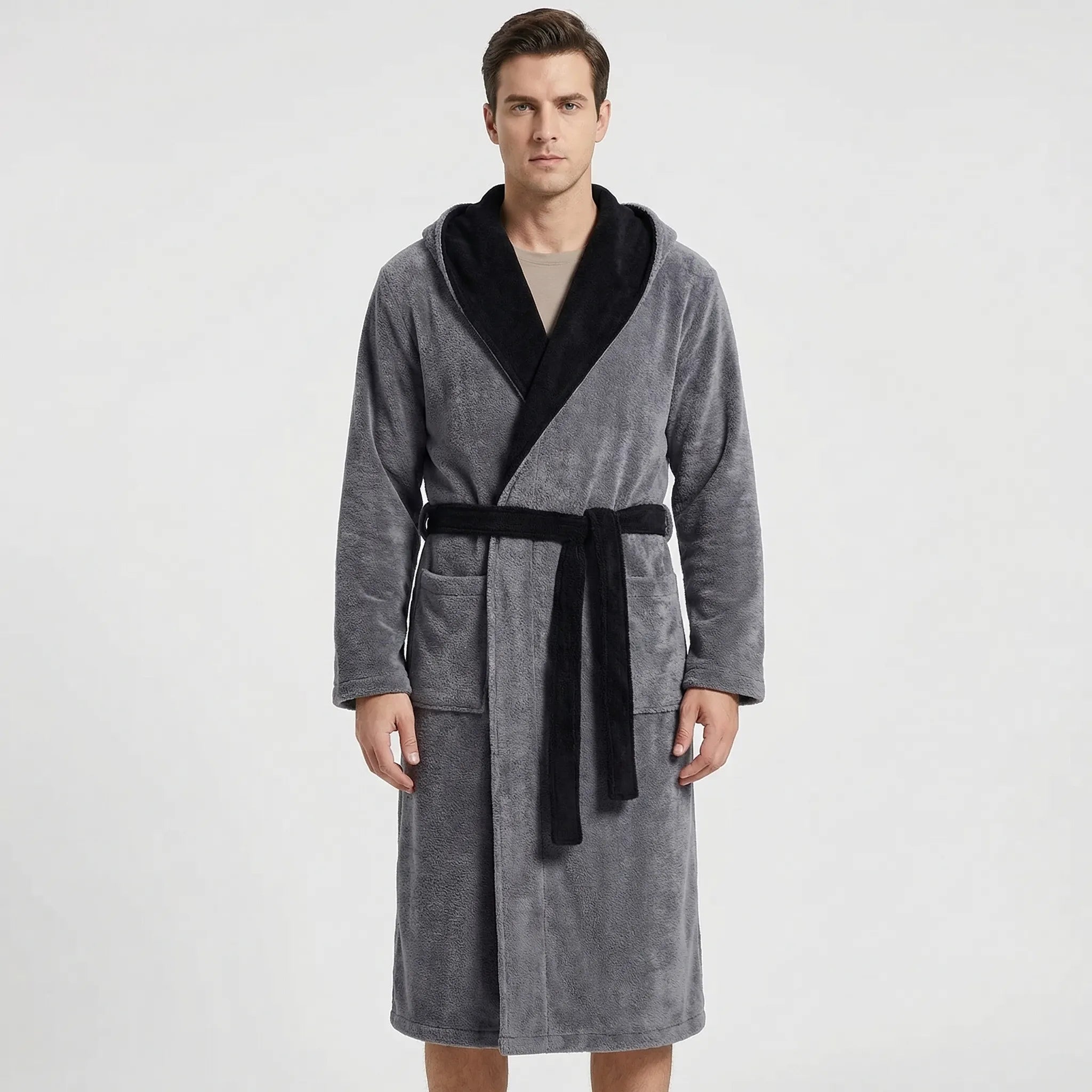 Men’s Hooded Kimono Dressing Gown with Contrast Trim — view 4