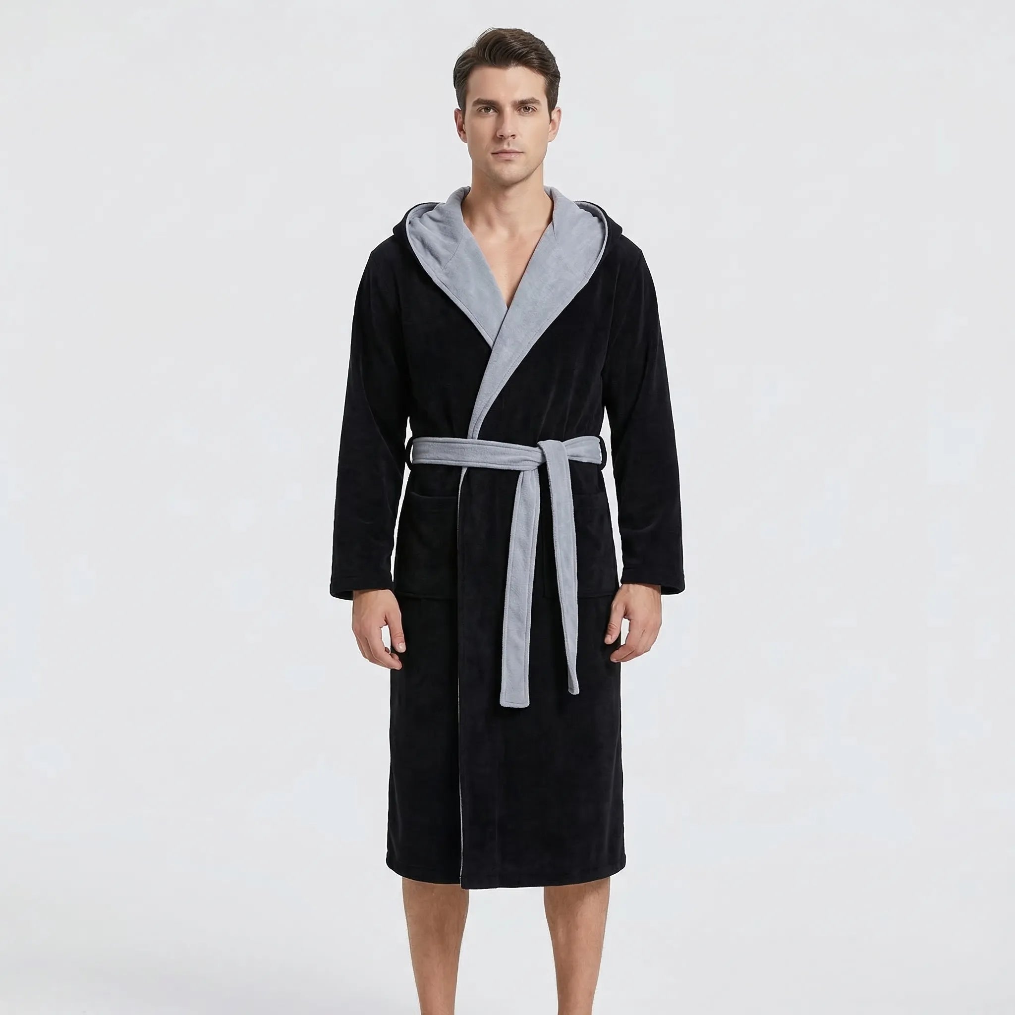 Men’s Hooded Kimono Dressing Gown with Contrast Trim — view 6