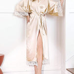 Women’s Long Satin-Finish Dressing Gown with Lace Trim — view 1