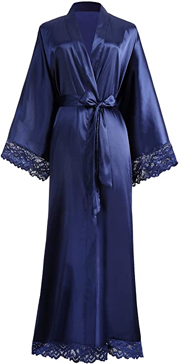 Women’s Long Satin-Finish Dressing Gown with Lace Trim — view 2