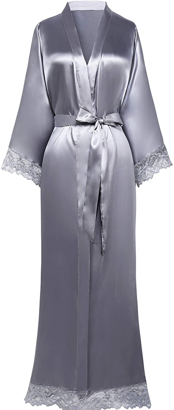 Women’s Long Satin-Finish Dressing Gown with Lace Trim — view 3