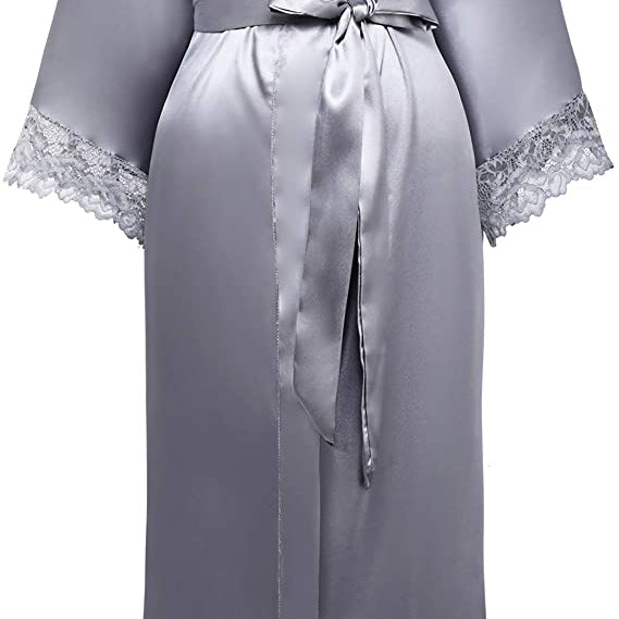 Women’s Long Satin-Finish Dressing Gown with Lace Trim — view 3