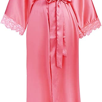 Women’s Long Satin-Finish Dressing Gown with Lace Trim — view 4