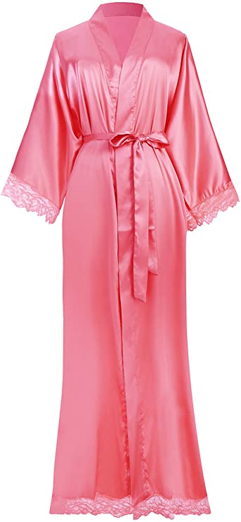 Women’s Long Satin-Finish Dressing Gown with Lace Trim — view 4