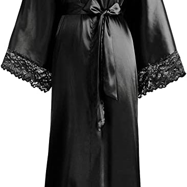 Women’s Long Satin-Finish Dressing Gown with Lace Trim — view 5