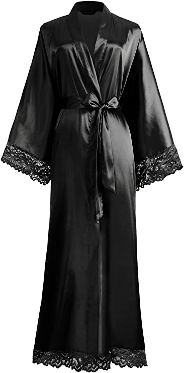 Women’s Long Satin-Finish Dressing Gown with Lace Trim — view 5