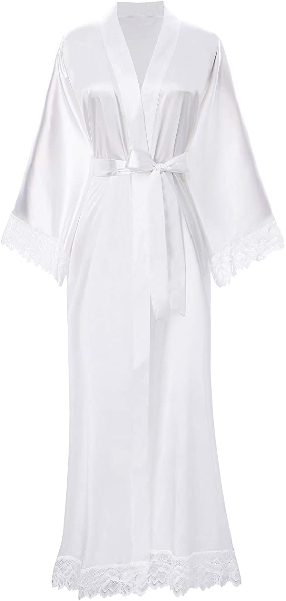 Women’s Long Satin-Finish Dressing Gown with Lace Trim — view 6