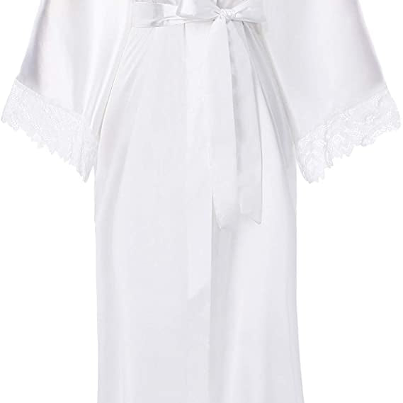 Women’s Long Satin-Finish Dressing Gown with Lace Trim — view 6