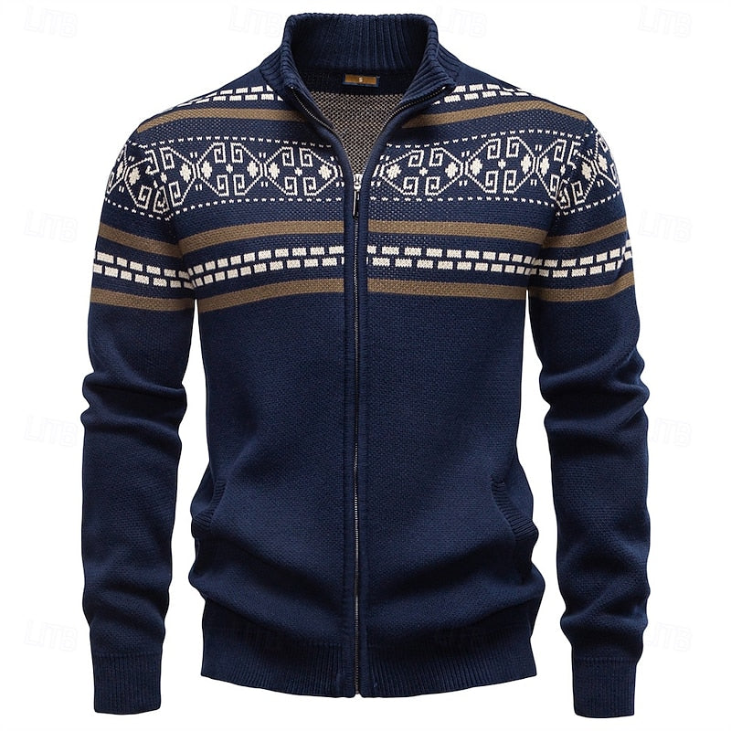 Fair Isle Zip-Up Cardigan with Stand Collar — view 1