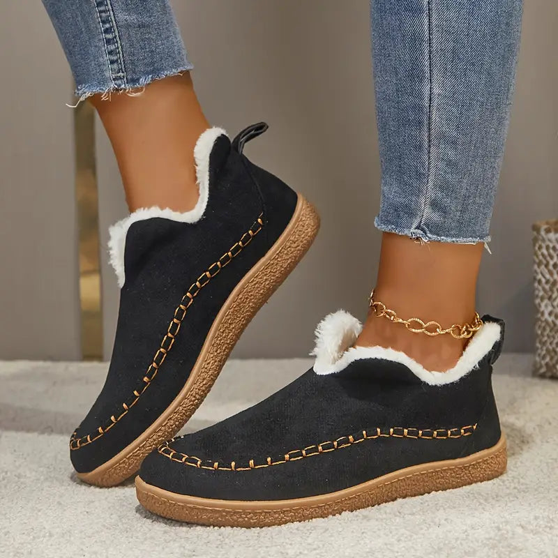 Faux Fur-Lined Slip-On Ankle Boots with Moccasin Stitching — view 1