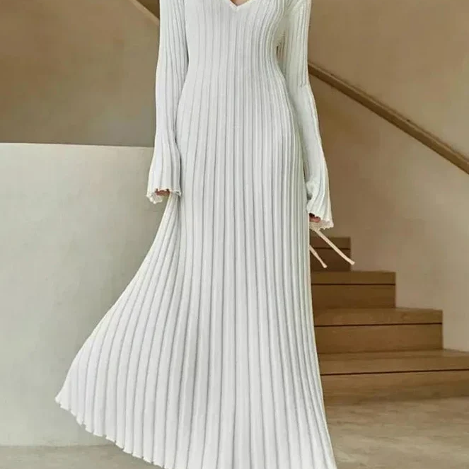 Ribbed Knit Maxi Dress with V-Neck and Flared Cuffs — view 1