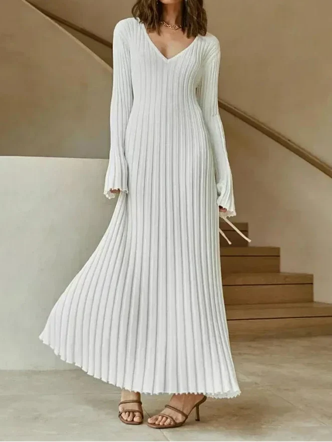 Ribbed Knit Maxi Dress with V-Neck and Flared Cuffs — view 1