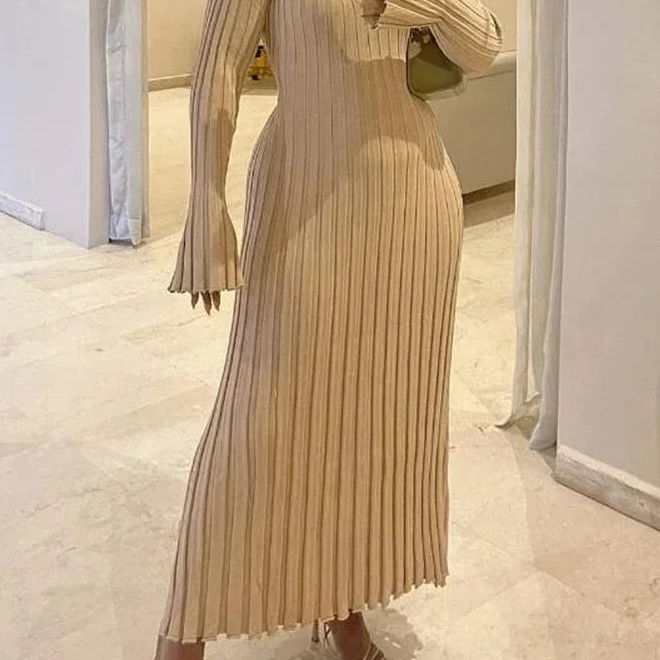 Ribbed Knit Maxi Dress with V-Neck and Flared Cuffs — view 2