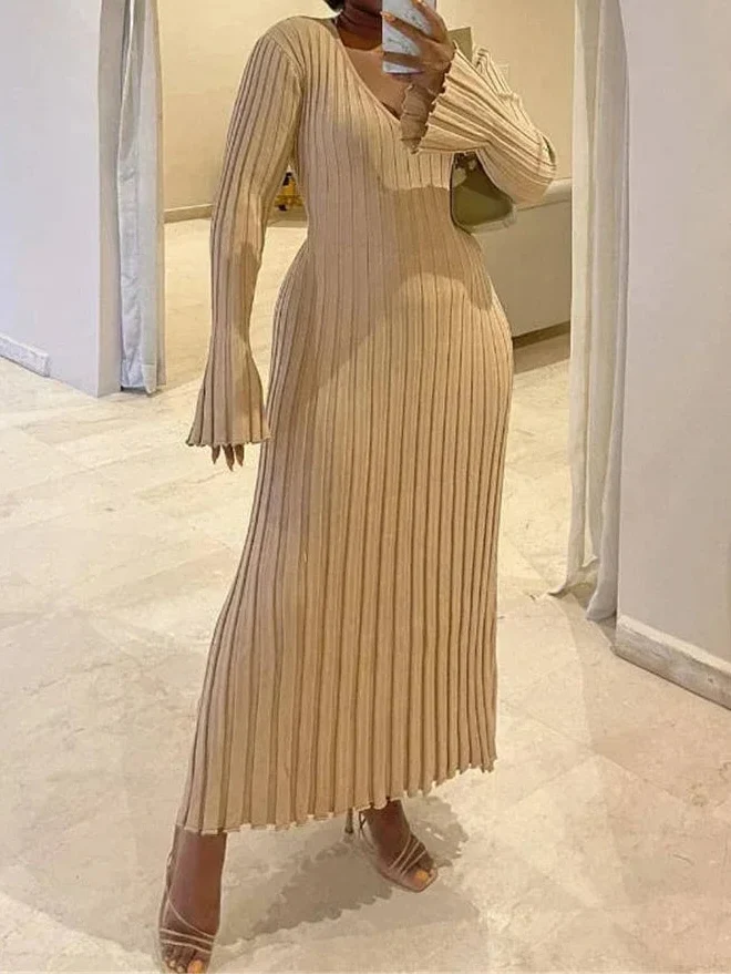 Ribbed Knit Maxi Dress with V-Neck and Flared Cuffs — view 2