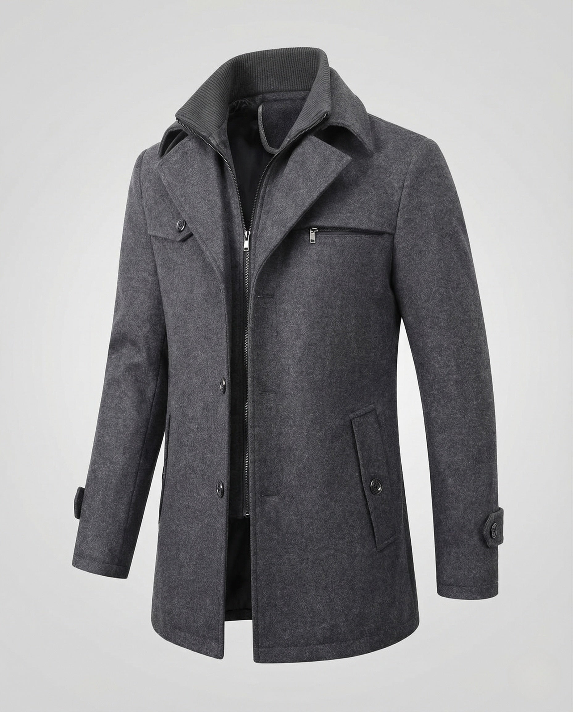 Men’s Textured Thigh-Length Coat with Layered Collar — view 1
