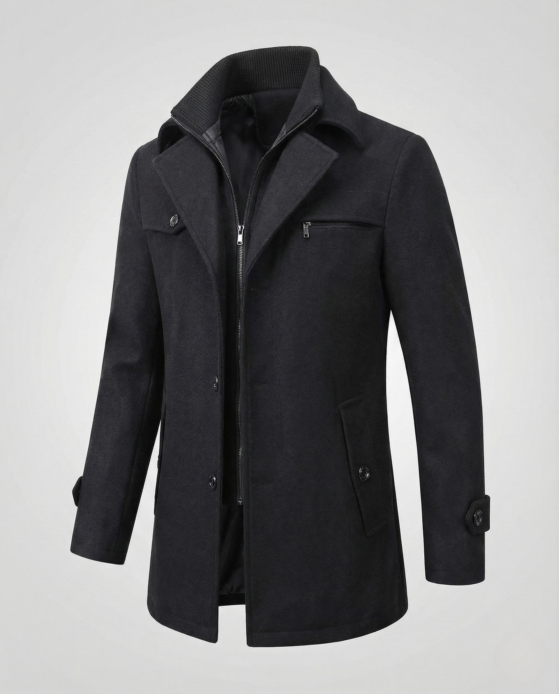Men’s Textured Thigh-Length Coat with Layered Collar — view 2