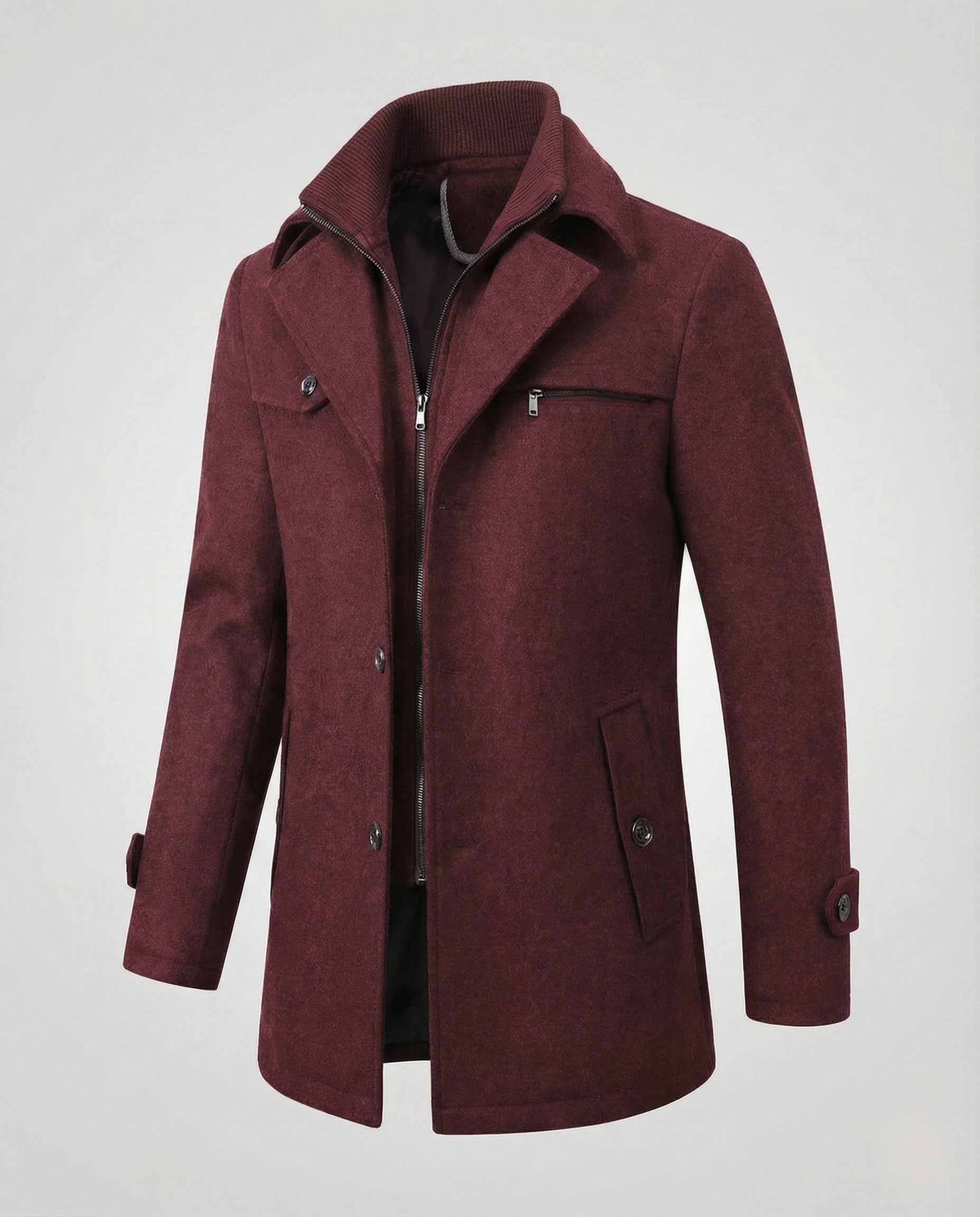 Men’s Textured Thigh-Length Coat with Layered Collar — view 3