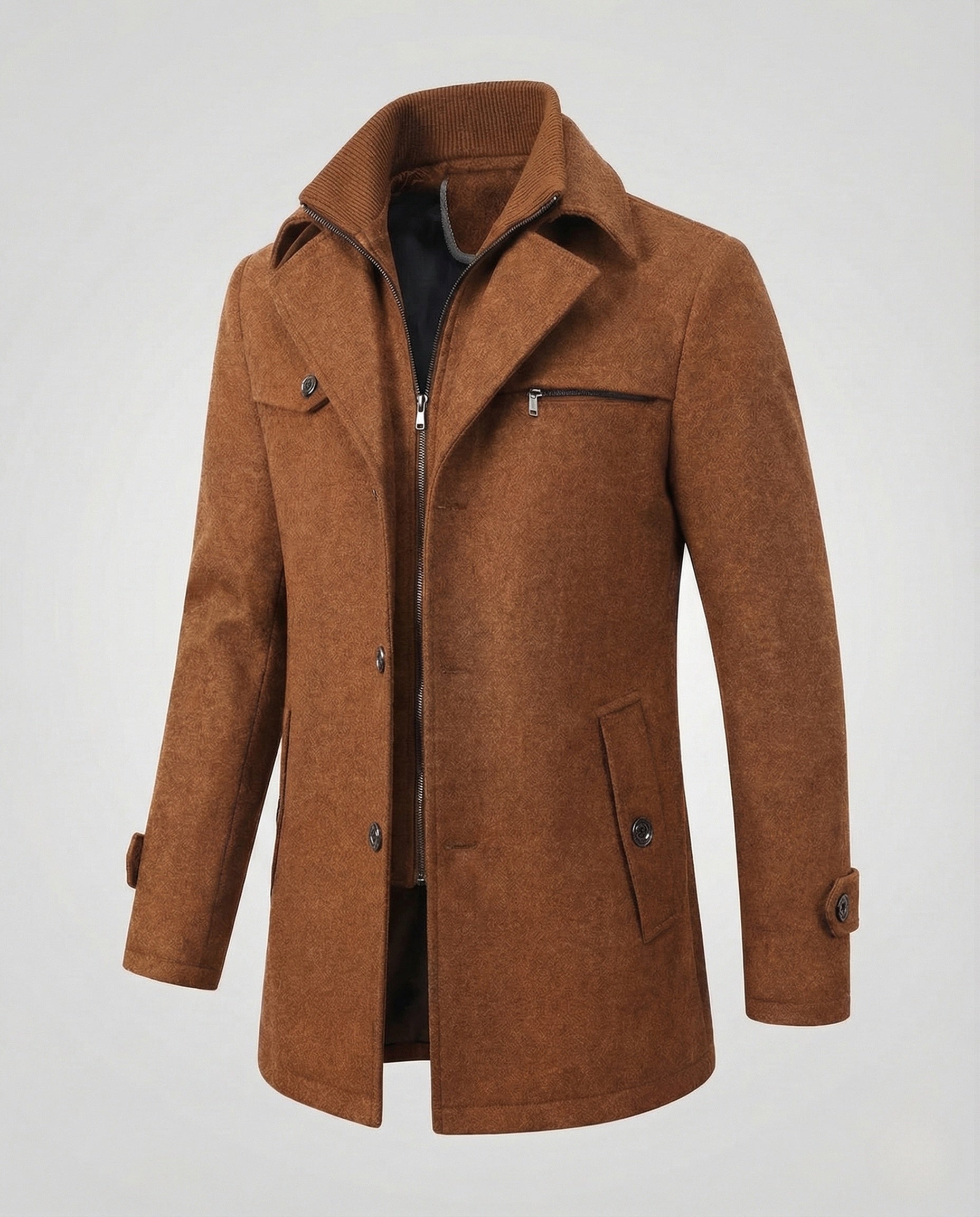 Men’s Textured Thigh-Length Coat with Layered Collar — view 4