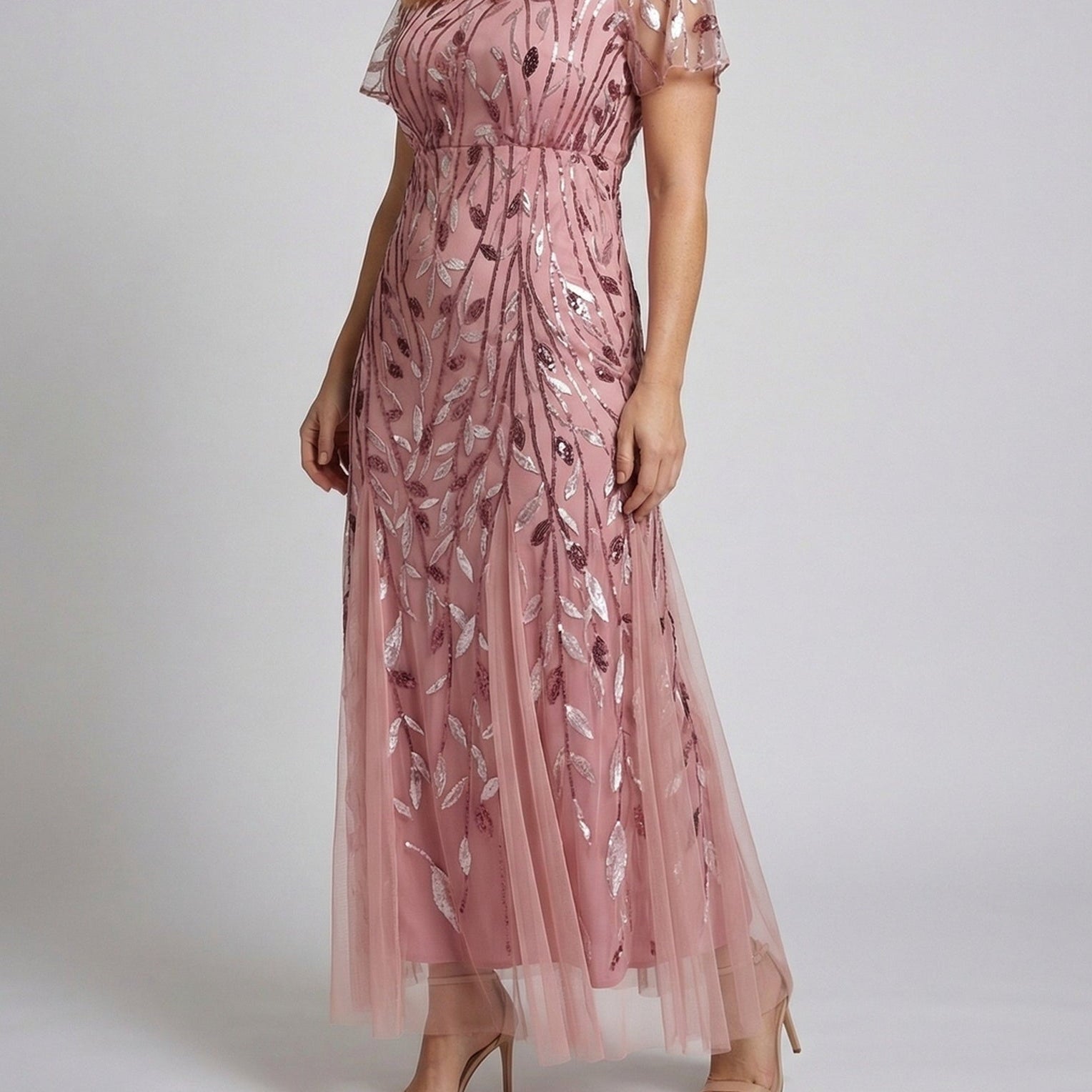 Pink Sequin Tulle Maxi Dress with Sheer Short Sleeves — view 1