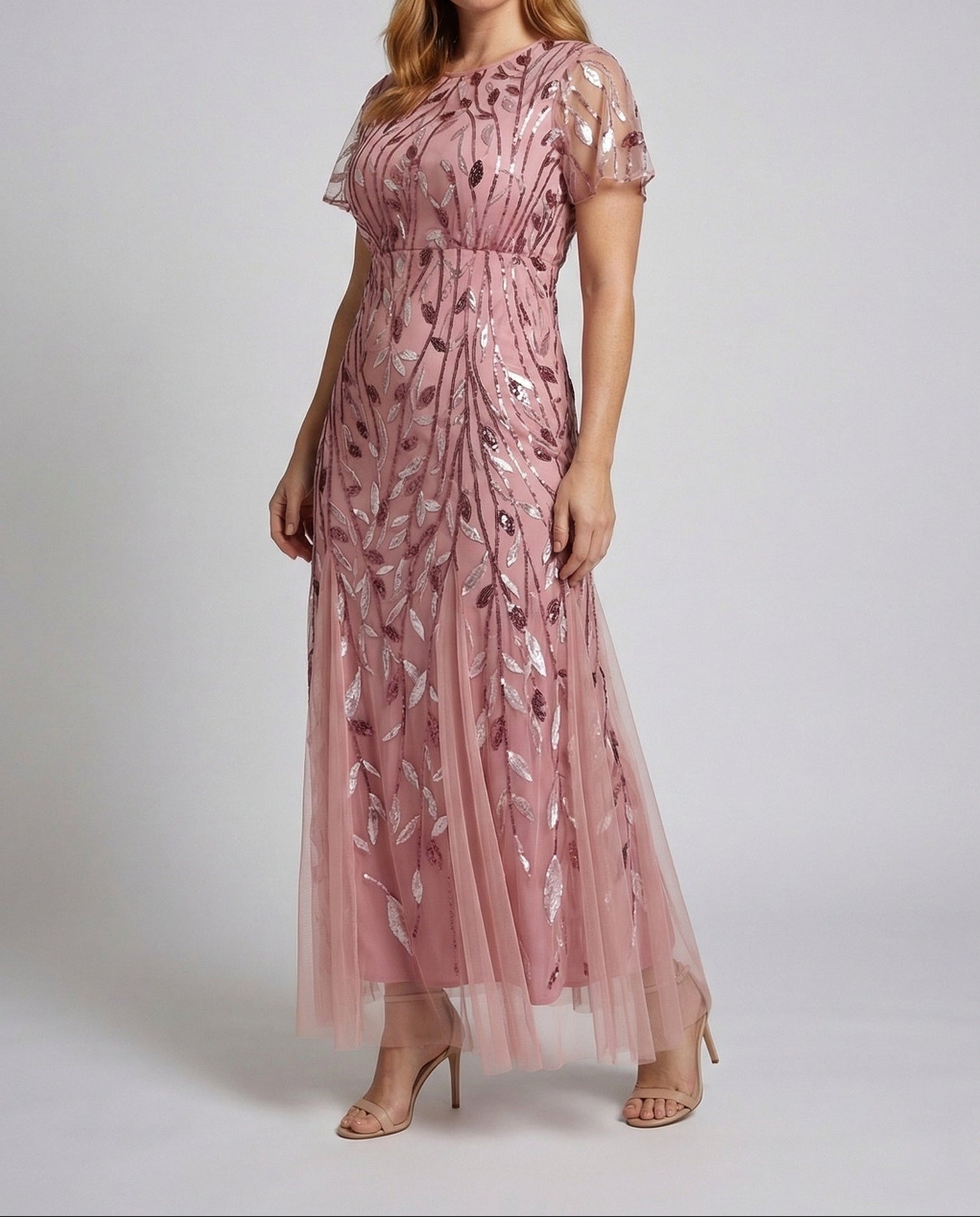 Pink Sequin Tulle Maxi Dress with Sheer Short Sleeves — view 1