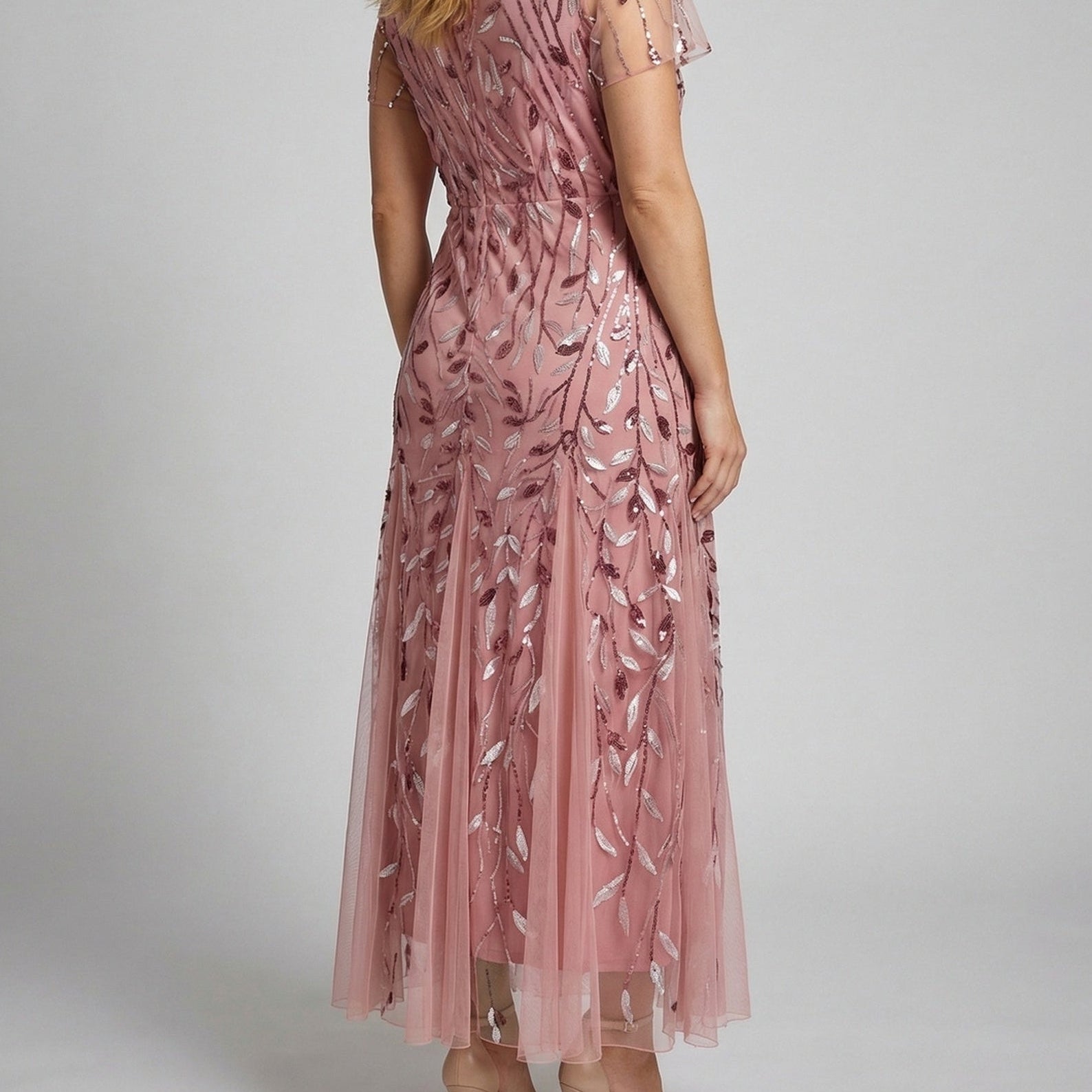 Pink Sequin Tulle Maxi Dress with Sheer Short Sleeves — view 3