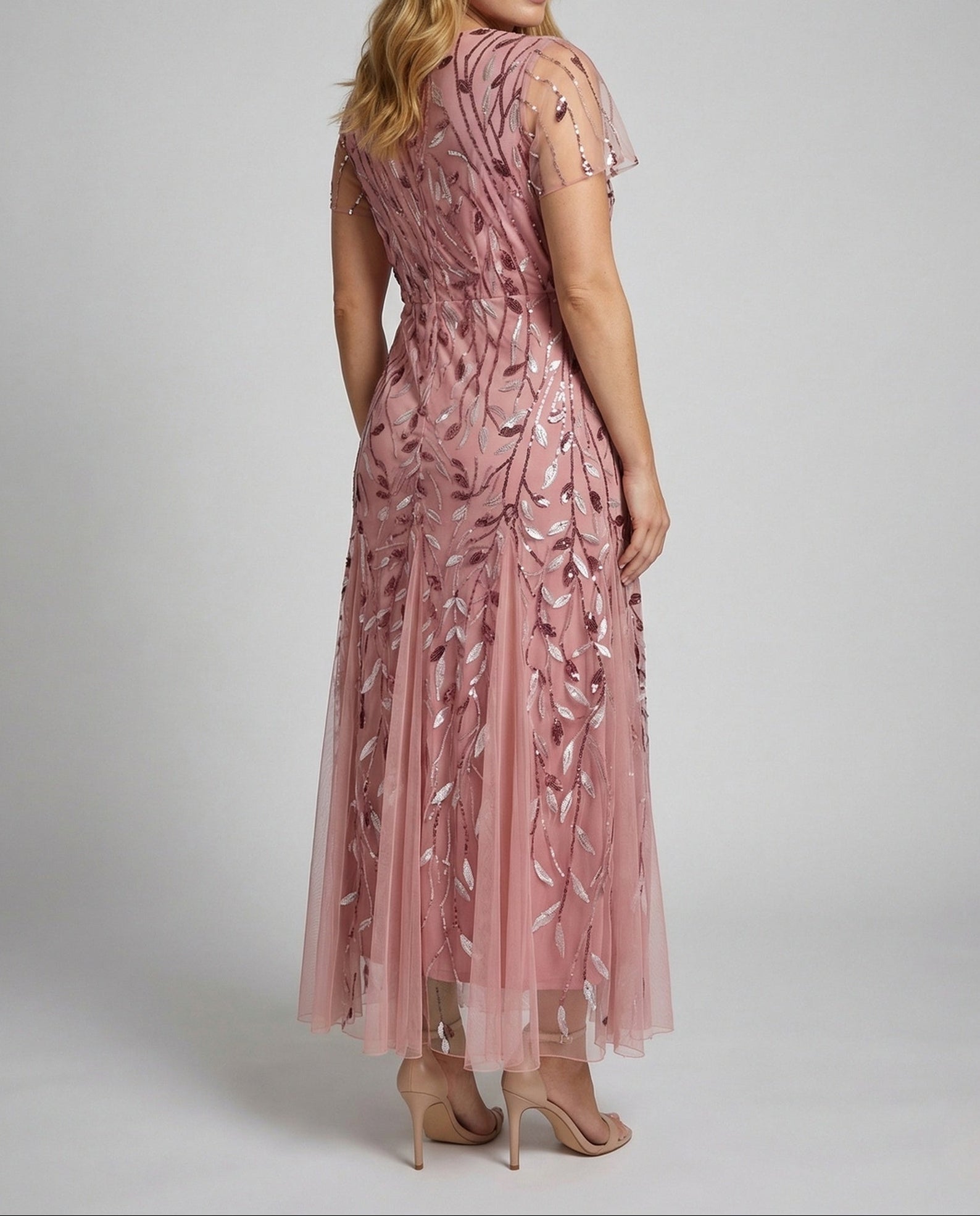 Pink Sequin Tulle Maxi Dress with Sheer Short Sleeves — view 3
