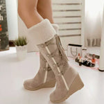 Women’s Suede-Look Knee-High Wedge Boots with Faux-Fur Trim — view 1