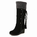 Women’s Suede-Look Knee-High Wedge Boots with Faux-Fur Trim — view 2