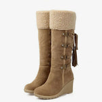 Women’s Suede-Look Knee-High Wedge Boots with Faux-Fur Trim — view 3