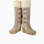 Women’s Suede-Look Knee-High Wedge Boots with Faux-Fur Trim — view 4