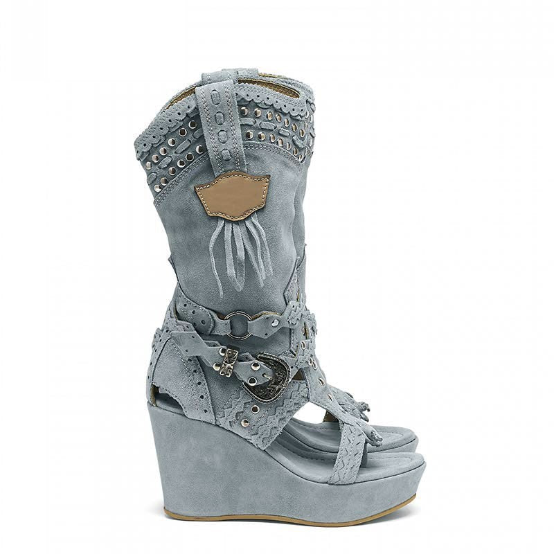 Women’s Knee-High Studded Western Wedge Boots — view 3
