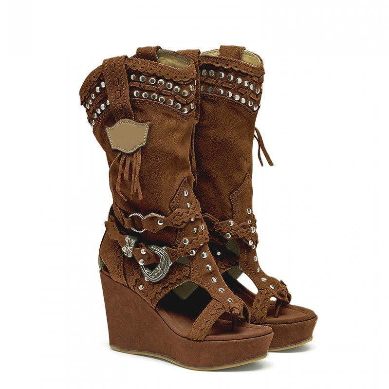 Women’s Knee-High Studded Western Wedge Boots — view 4