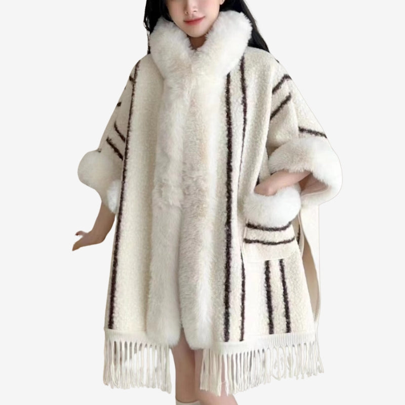 Women’s Open-Front Cape Coat with Faux-Fur-Style Trim — view 1