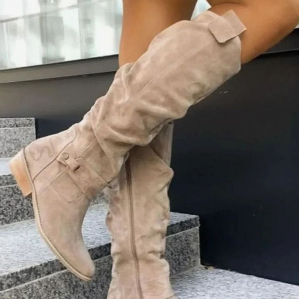 Women's Slouchy Suede-Look Knee-High Boots with Buckle Strap — view 1