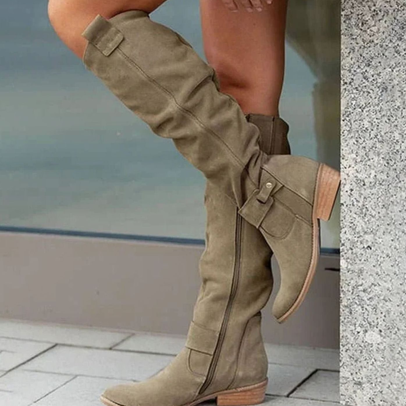 Women's Slouchy Suede-Look Knee-High Boots with Buckle Strap — view 6