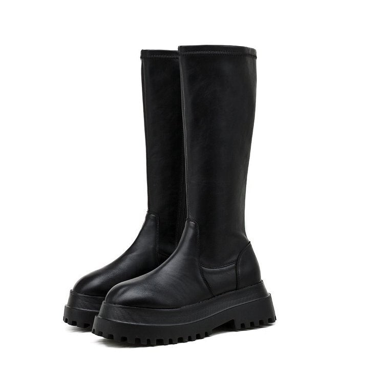 Women's Black Knee-High Platform Boots with Lug Sole — view 1