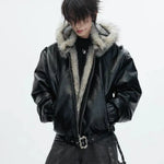 Men’s Faux-Leather Bomber Jacket with Fur-Trimmed Hood — view 1