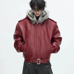 Men’s Faux-Leather Bomber Jacket with Fur-Trimmed Hood — view 2