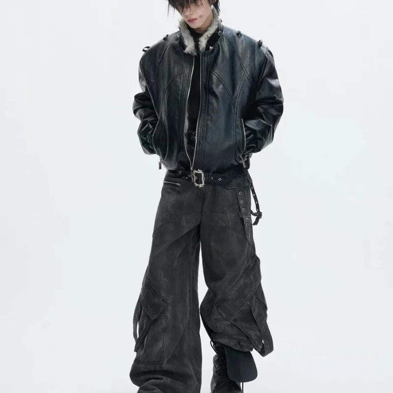 Men’s Faux-Leather Bomber Jacket with Fur-Trimmed Hood — view 3
