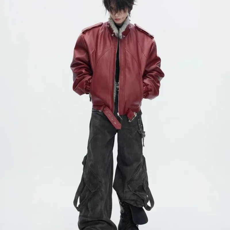 Men’s Faux-Leather Bomber Jacket with Fur-Trimmed Hood — view 4