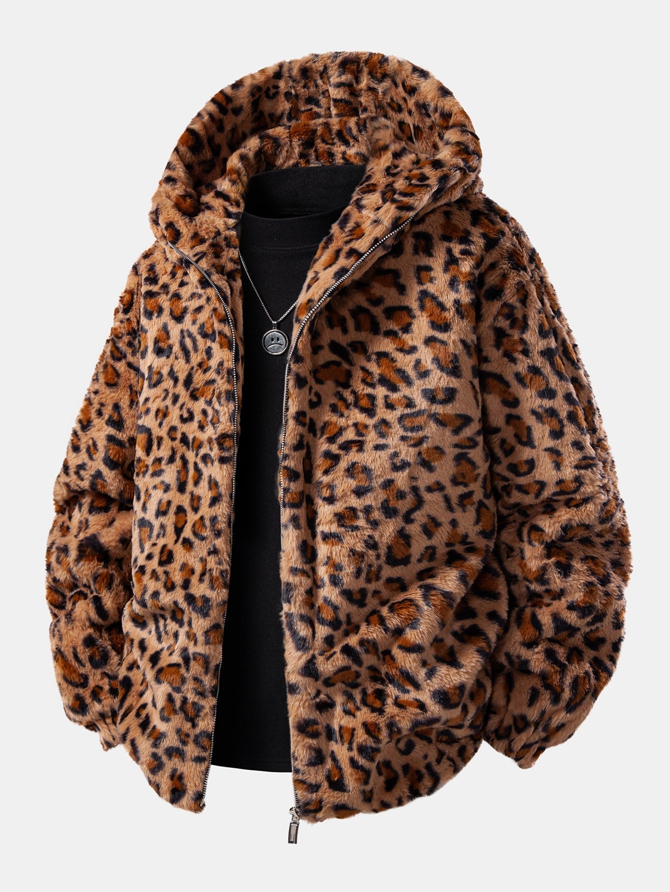 Men’s Printed Faux Fur Hooded Zip-Up Jacket — view 1