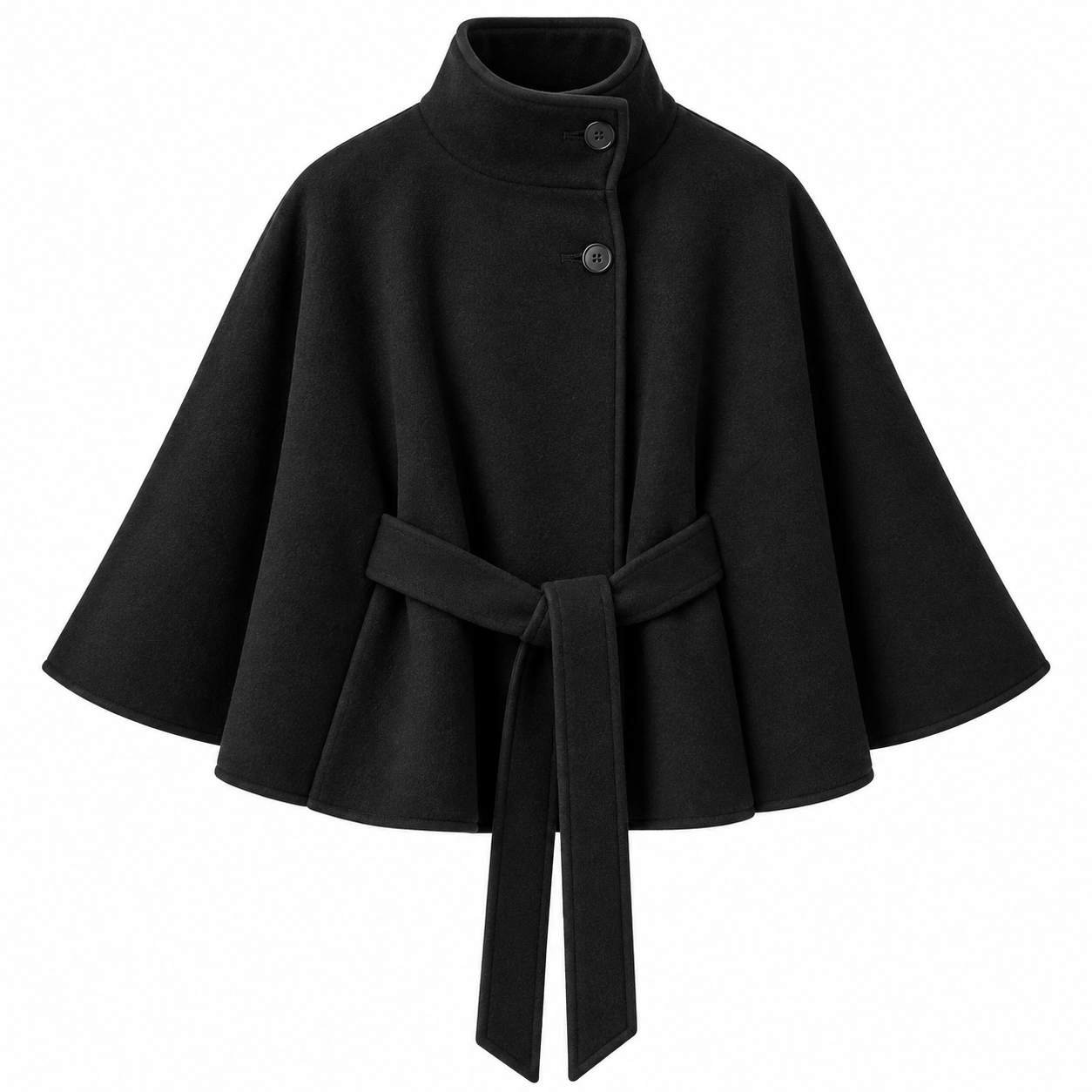 Women’s Button-Front Cape Coat with High Collar and Tie Belt — view 2